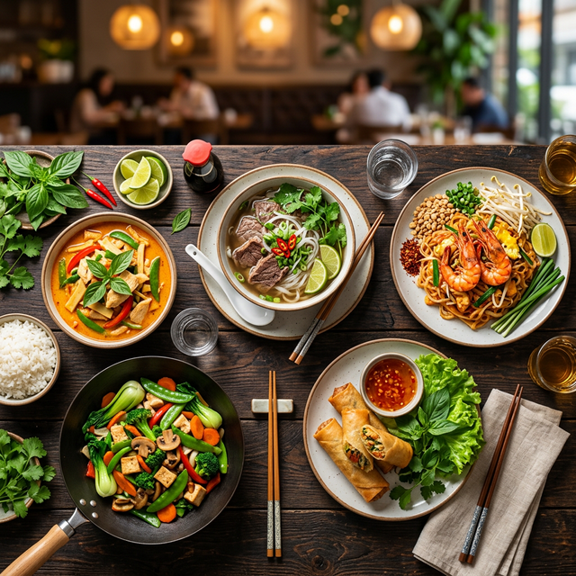 Beautiful spread of Vietnamese and Thai dishes